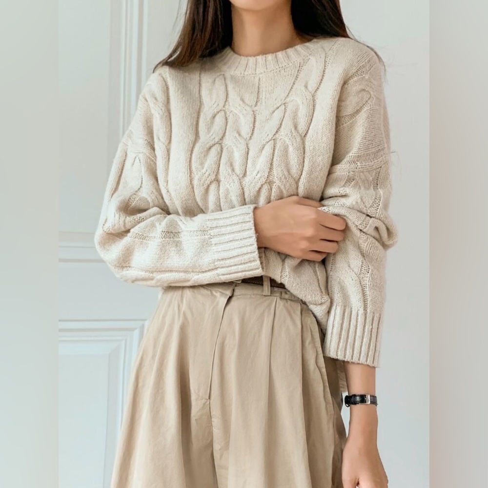 Dazy Solid Cable Knit Drop Shoulder Sweater,Long … - image 3